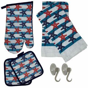 Nautical Oven Mitt Pot Holder Terry Cloth Kitchen Towel Striped Starfish Coastal